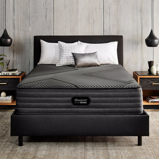 Beautyrest Black Hybrid L-Class Firm Mattress On Bed Frame In Bedroom Front View