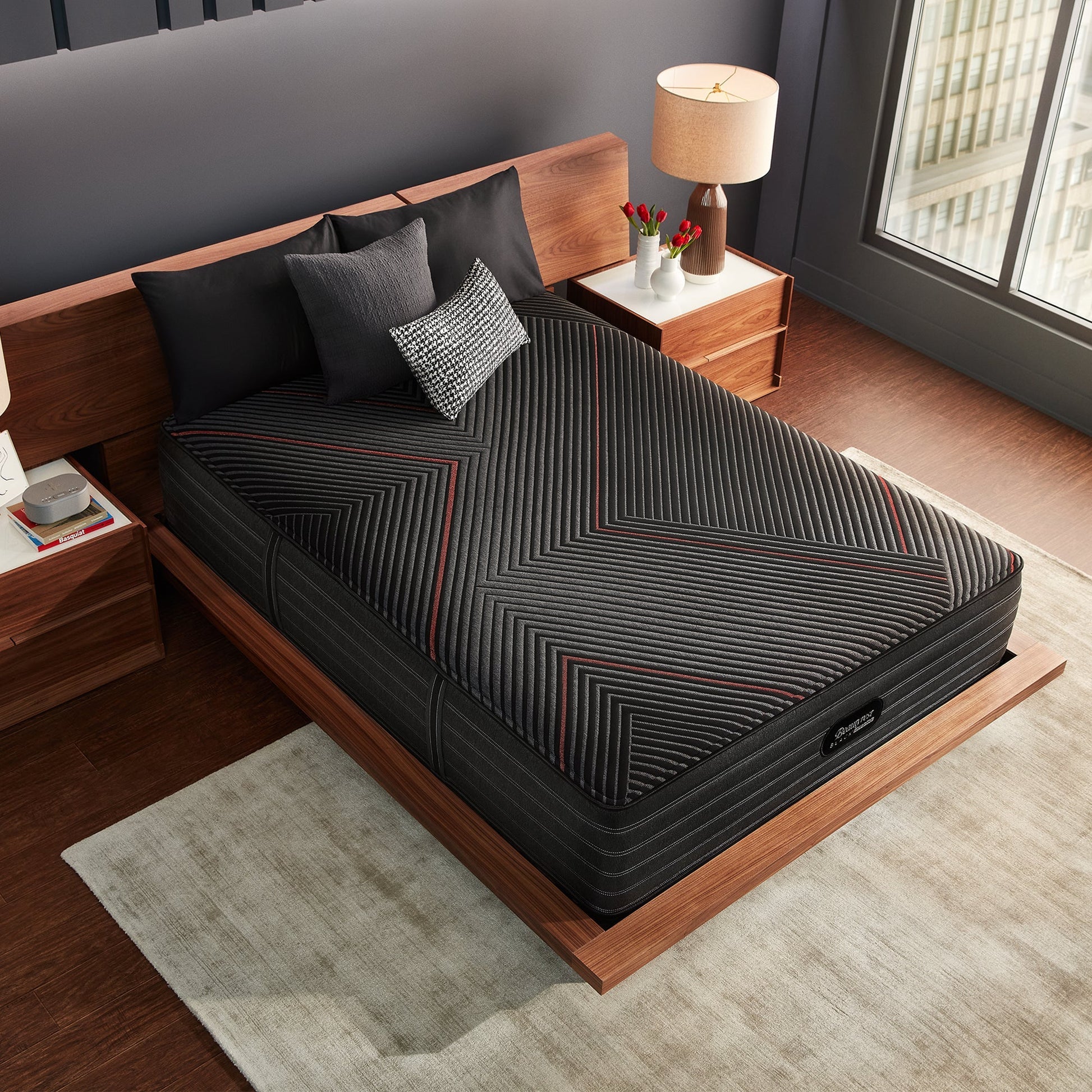 Beautyrest Black Hybrid C-Class Medium Mattress On Bed Frame In Bedroom Overhead View