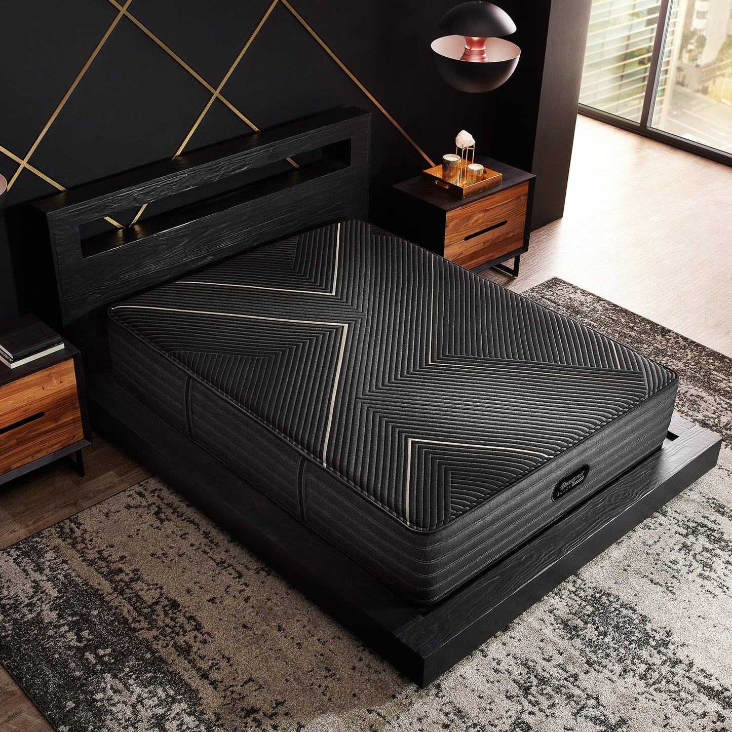 Beautyrest Black Hybrid K-Class Firm Mattress On Bed Frame In Bedroom Overhead View