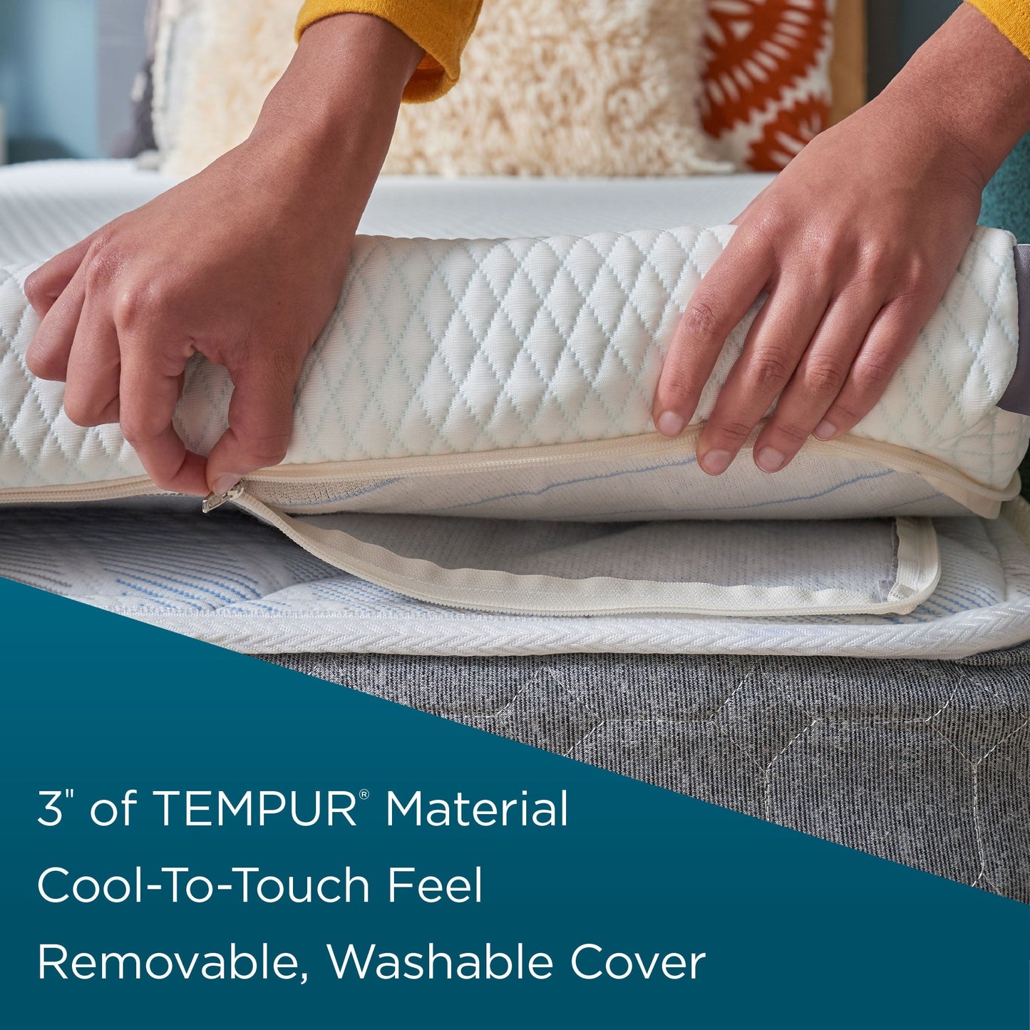 Hands Unzipping The Removable, Washable Cover Of The TEMPUR-Adapt® + Cooling Topper