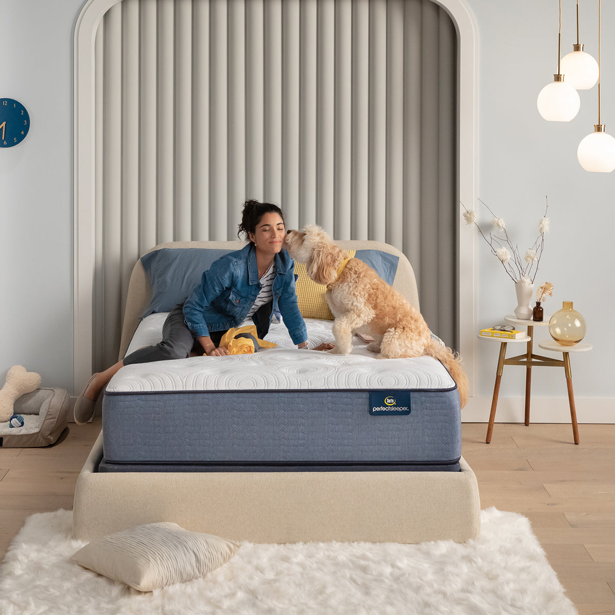 Serta Perfect Sleeper Aruba Mattress In Bedroom With Woman And Dog