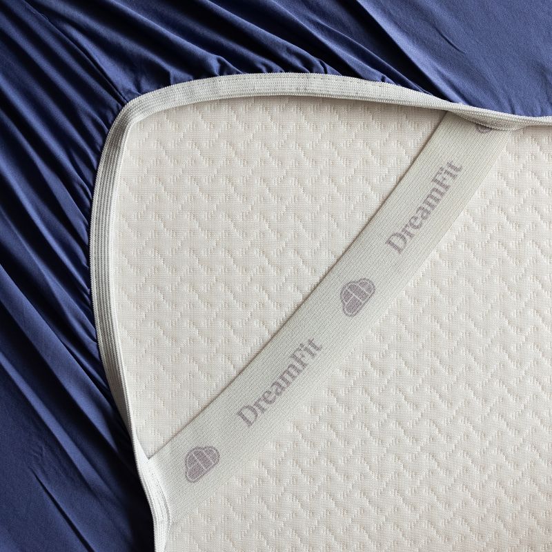 DreamFit Sheets in Navy Corner Band Detail on Bed