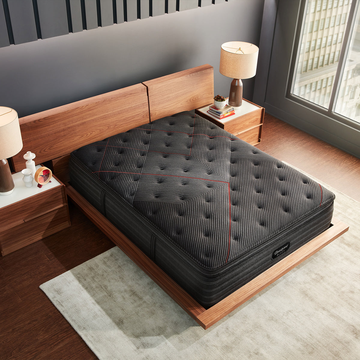 Beautyrest Black C-Class Medium Pillow Top Mattress On Bed Frame Overhead View