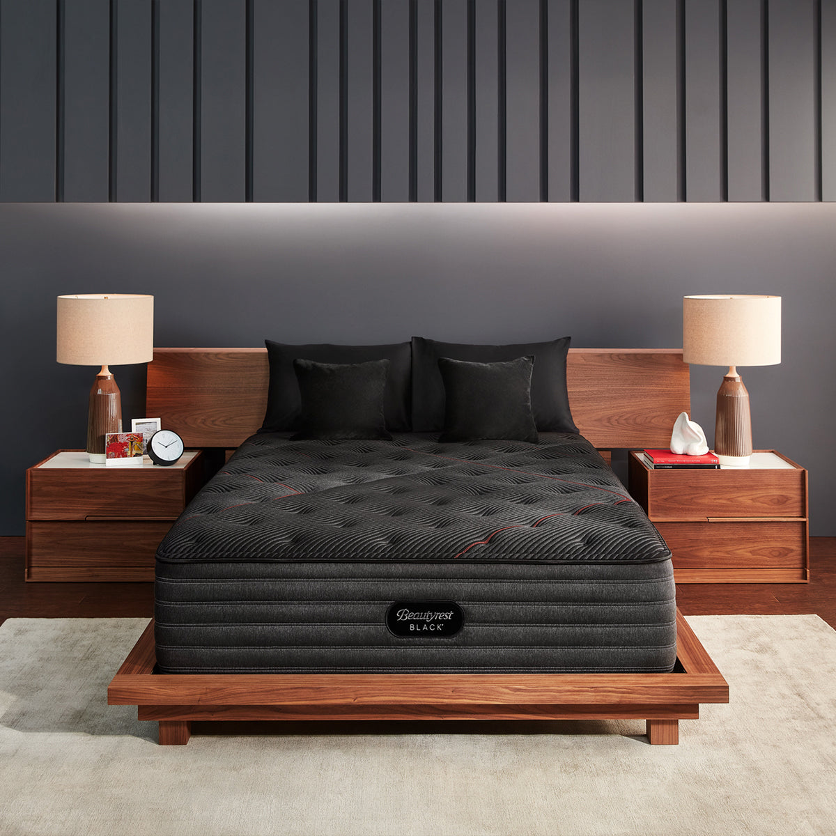 Beautyrest Black C-Class Plush Mattress On Bed Frame In Bedroom Front View
