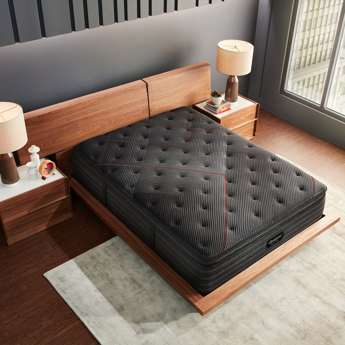 Beautyrest Black C-Class Plush Pillow Top Mattress On Bed Frame In Bedroom Overhead View