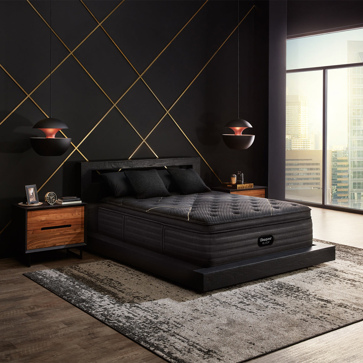 Beautyrest Black K-Class Firm Pillow Top Mattress On Bed Frame In Bedroom
