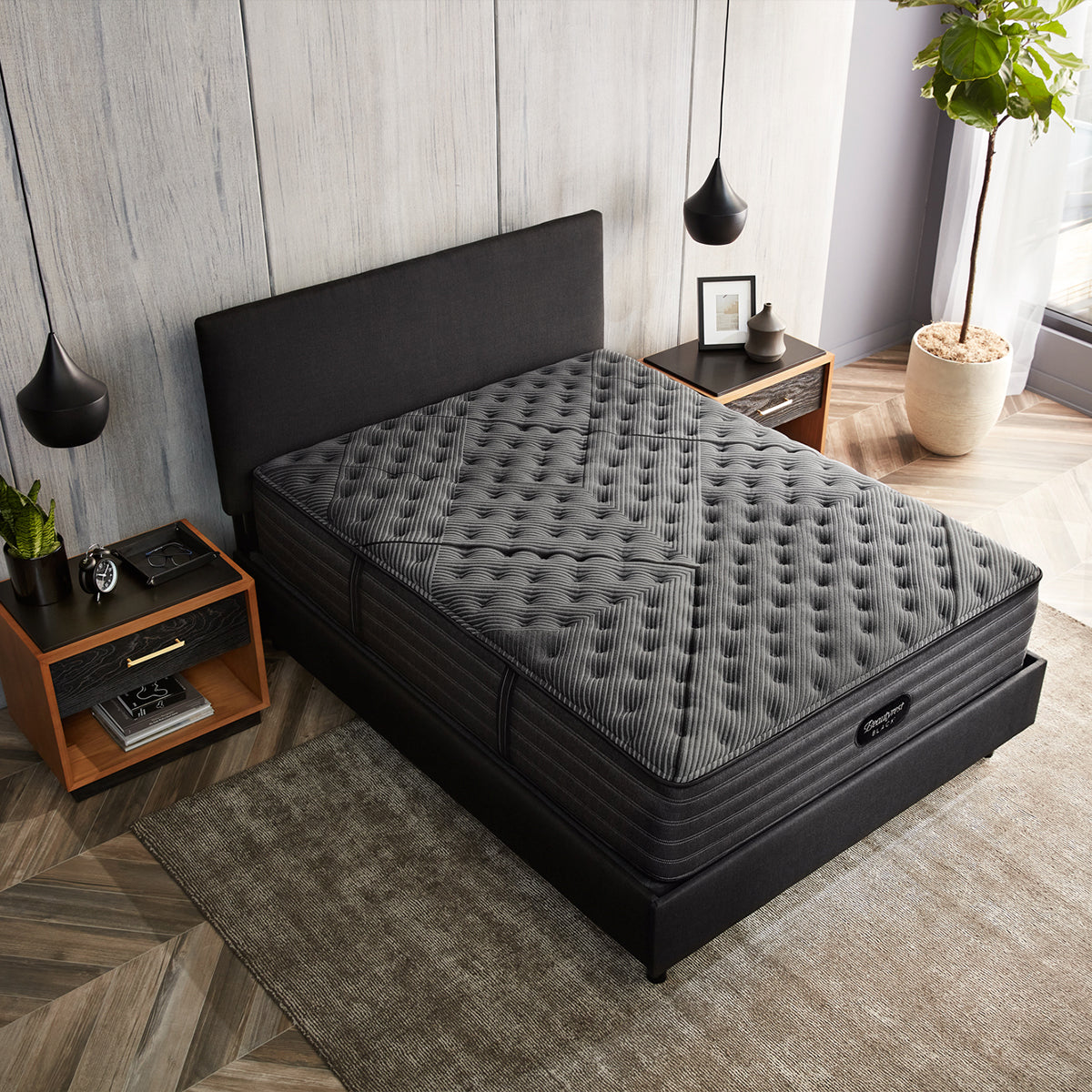 Beautyrest Black K-Class Firm Pillow Top Mattress On Bed Frame In Bedroom Overhead View
