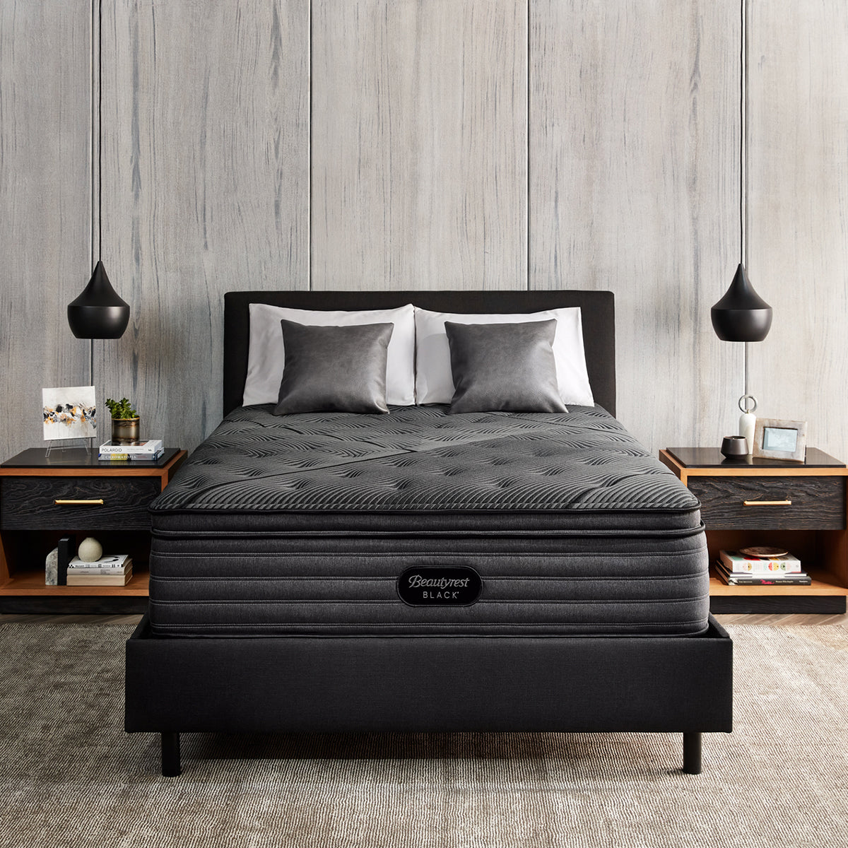 Beautyrest Black L-Class Medium Pillow Top Mattress In Bedroom Front View With Pillows
