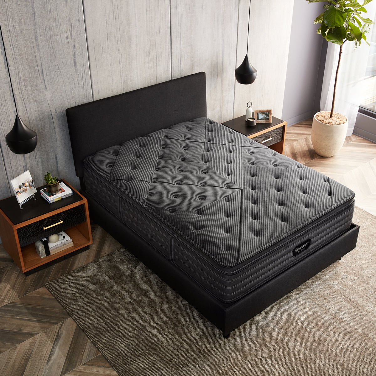 Beautyrest Black L-Class Plush Pillow Top Mattress On Bed Frame Overhead View