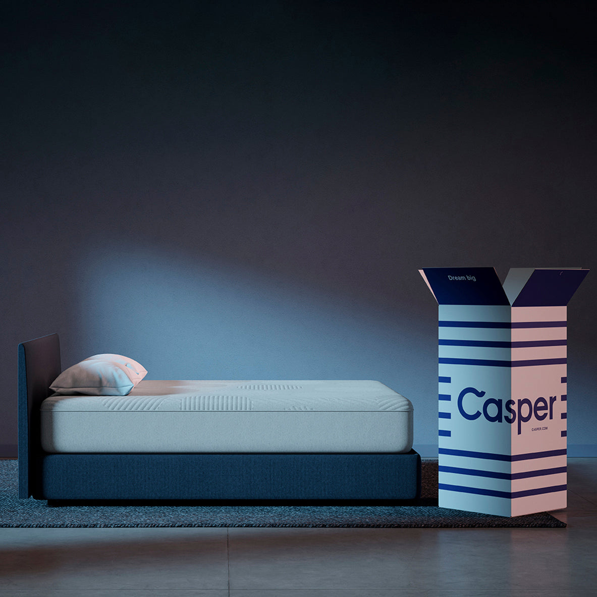 Casper Nova Hybrid Snow Mattress On Bed In Bedroom With Box Packaging