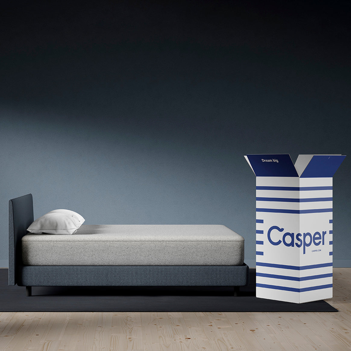 Casper Original Foam Mattress On Bed In Bedroom With Box Packaging