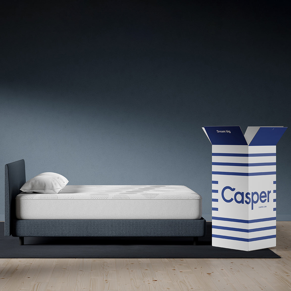 Casper Original Hybrid Mattress On Bed In Bedroom With Box Packaging