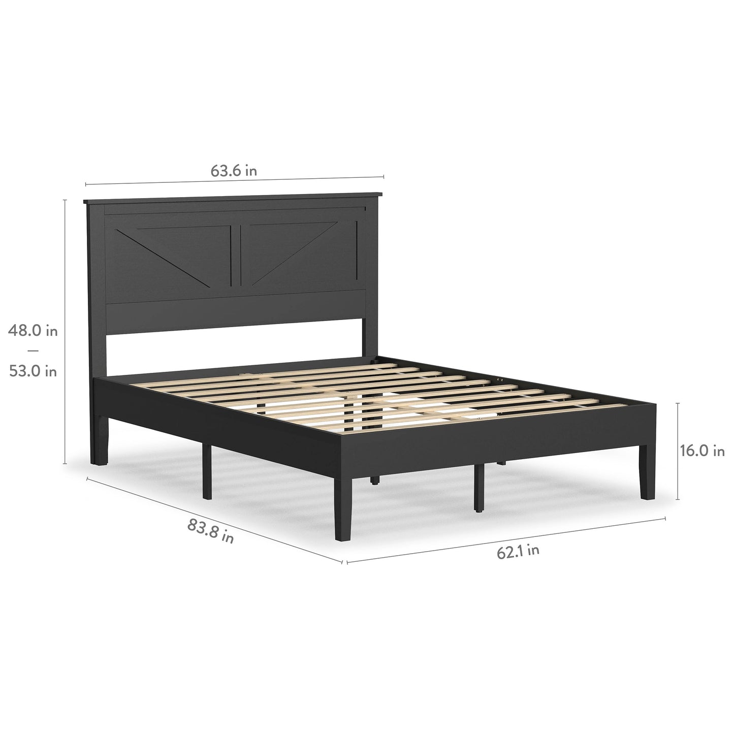 Rize Home Farmhouse Wood Platform Bed in Black - dimensions