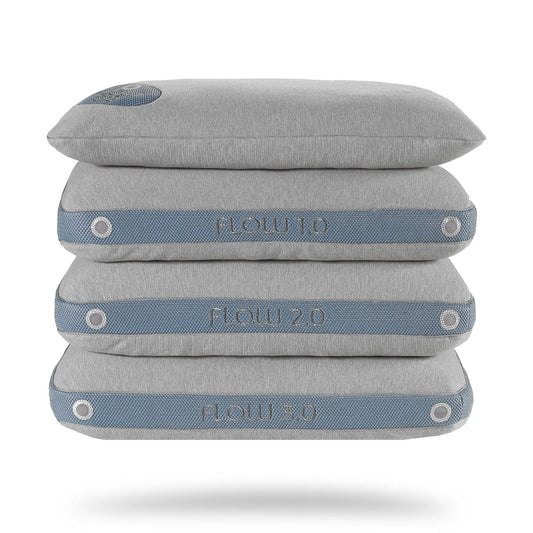 Products Bedgear Flow Performance Pillow stacked top to bottom- 0.0, 1.0, 2.0, 3.0