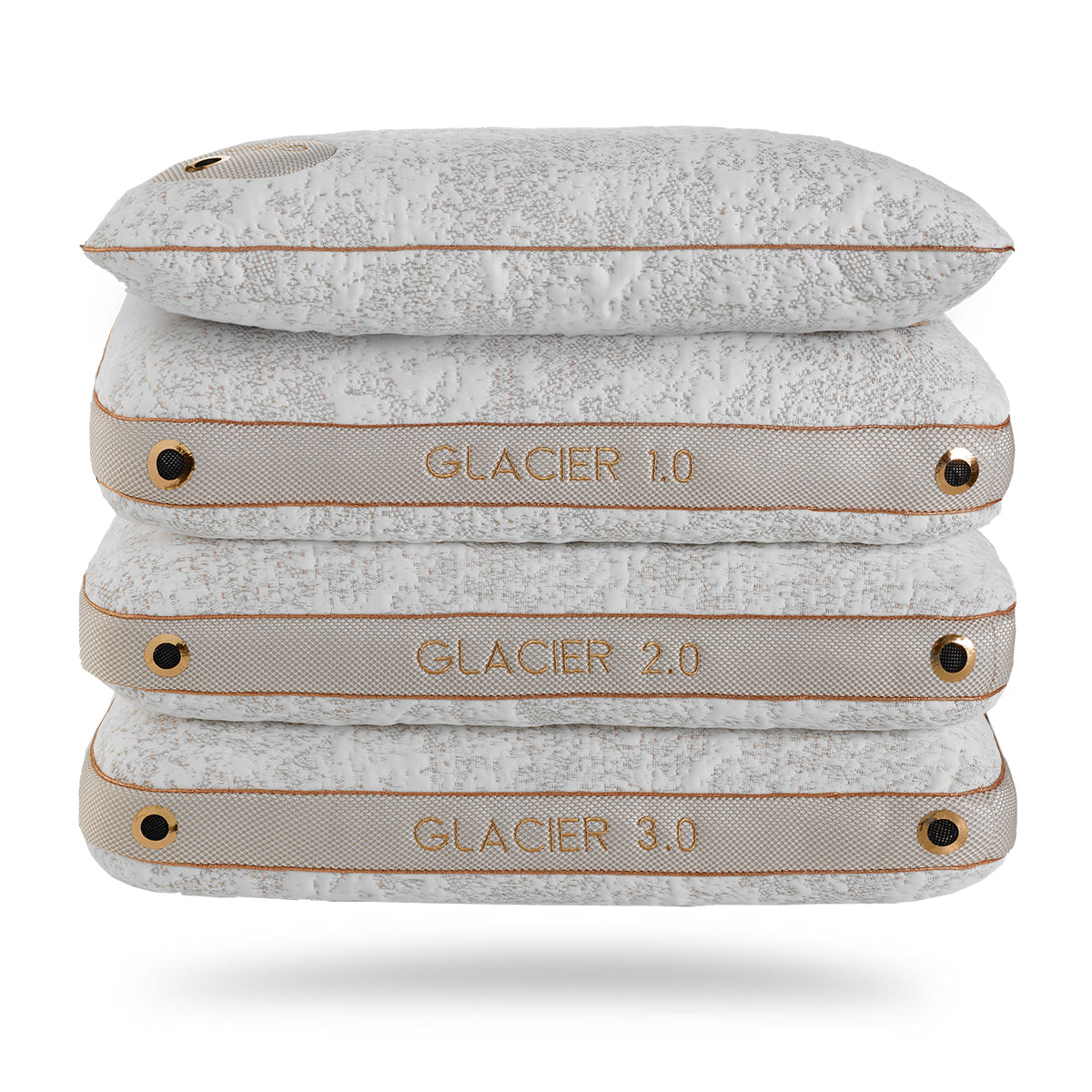 Bedgear Glacier Performance Pillows stacked  0.0, 1.0, 2.0, 3.0 from top to bottom