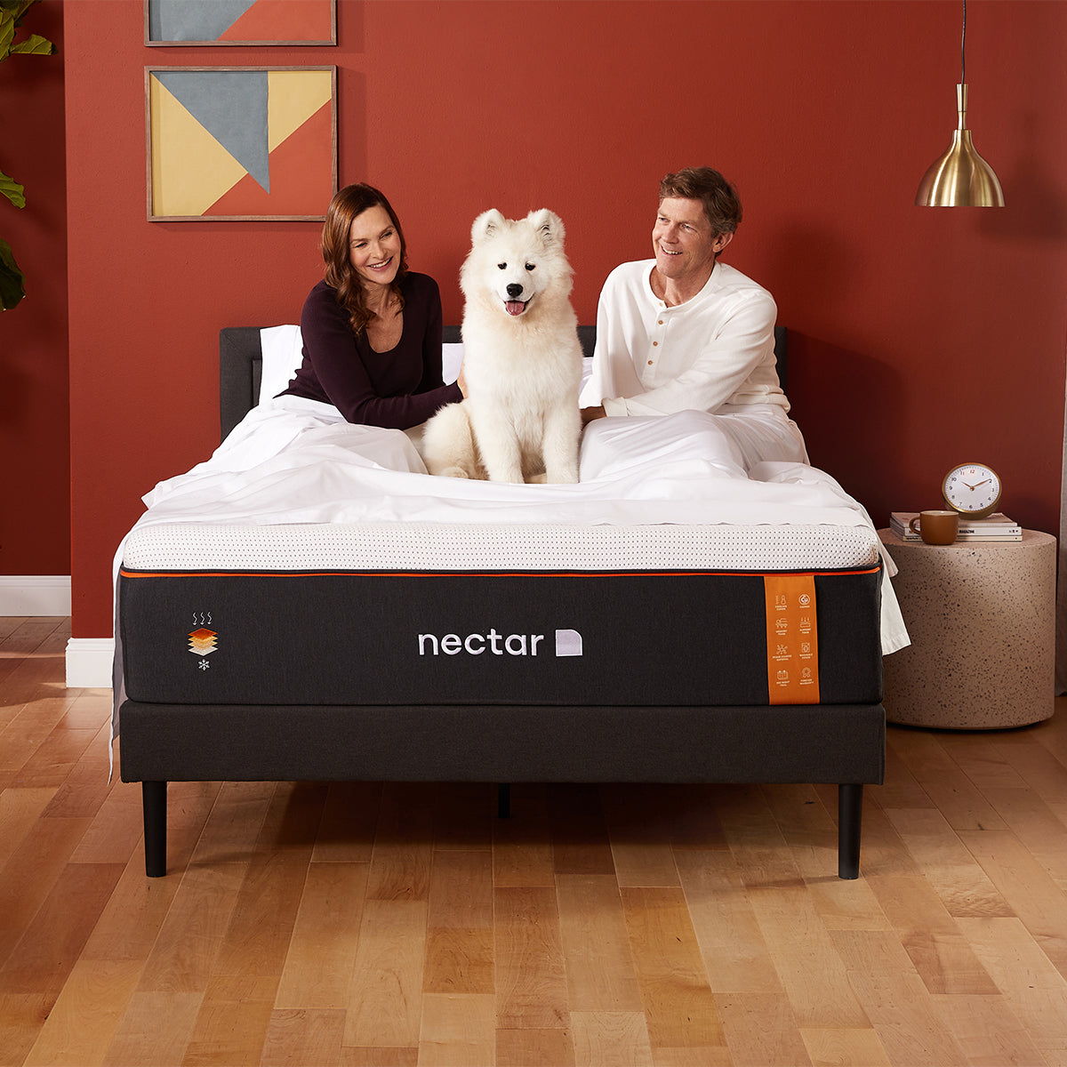 Nectar Premier Copper Memory Foam Mattress In Bedroom With Couple And Puppy