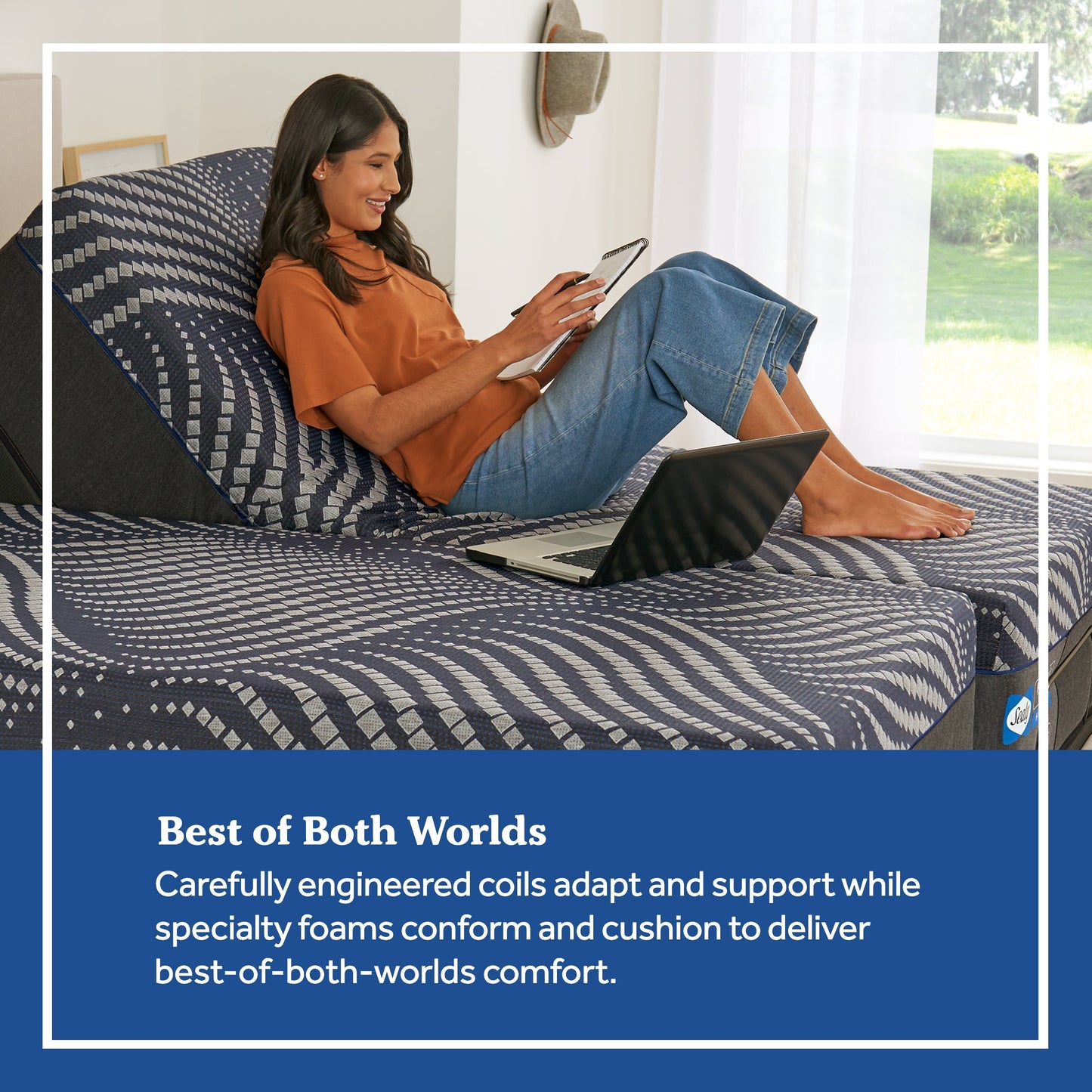 Woman Relaxing On Sealy Brenham Firm Mattress On an Adjustable Base