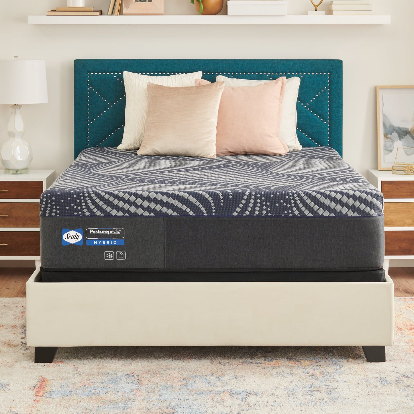 Sealy Brenham Soft Mattress On Bed Frame In Bedroom Front View
