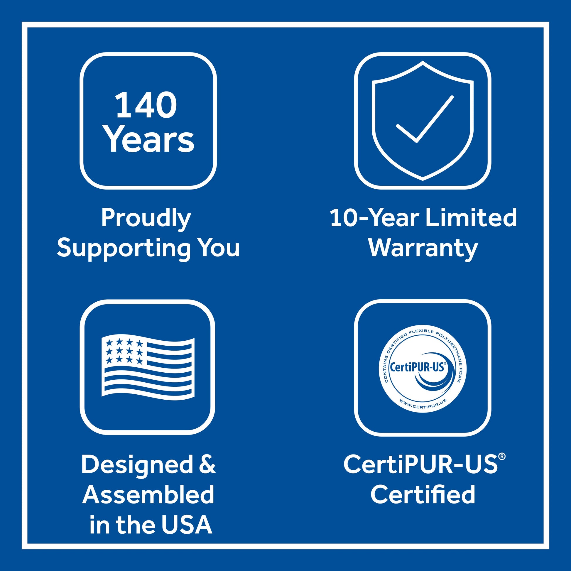 Sealy Brenham Soft Mattress Features; Proudly supporting you, 10 year limited warranty, designed and assembled in the USA, CertiPUR-US Certified