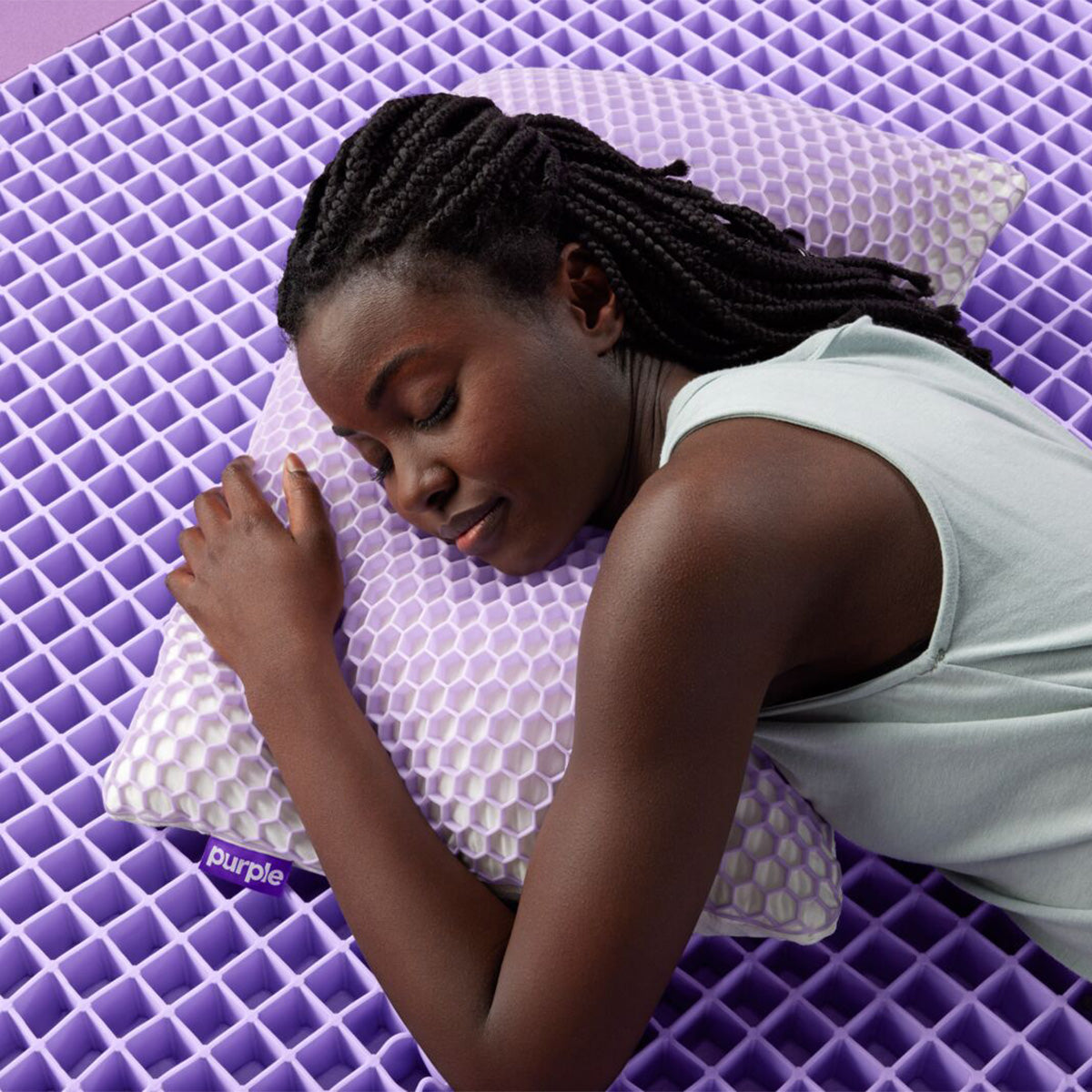 Woman Sleeping Purple Harmony Pillow Uncovered To Show The GelFlex Grid