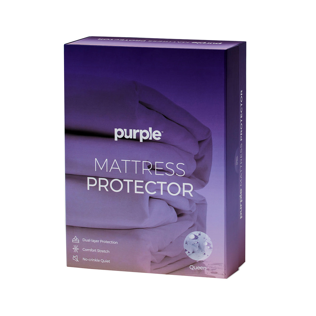 Purple Deep Pocket Mattress Protector Packaging Design With Feature Callouts: Dual-Layer Protection, Comfort Stretch, No-Crinkle Quiet