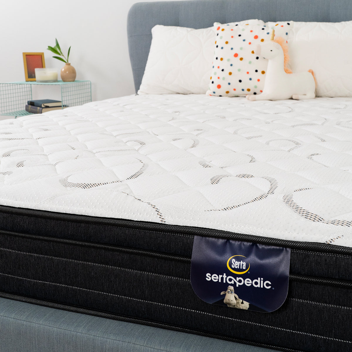 Sertapedic® Elkridge Euro Top Mattress by Serta Front View On Bed Frame Showing Fabric Detail And Product Tag Label