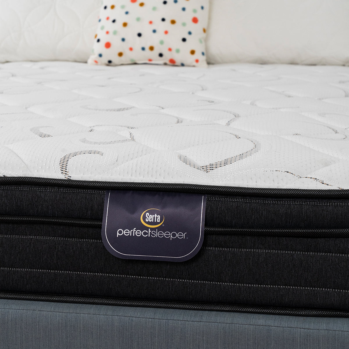 Close Shot Of Serta Perfect Sleeper® Seabright Euro Top Mattress Showcasing Product Tag Label and Fabric Details