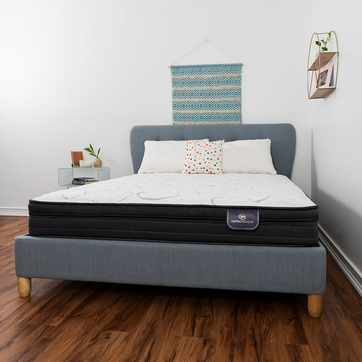 Serta Perfect Sleeper® Seabright Euro Top Mattress On Bed Frame With Pillows In Bedroom Front View