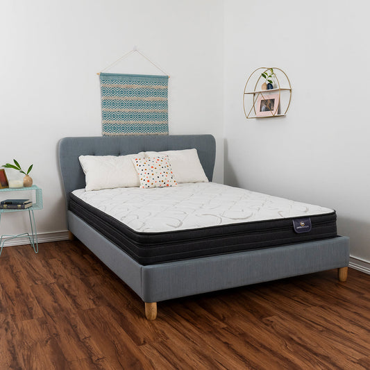 Serta Perfect Sleeper® Seabright Euro Top Mattress On Bed Frame With Pillows In Bedroom Side View