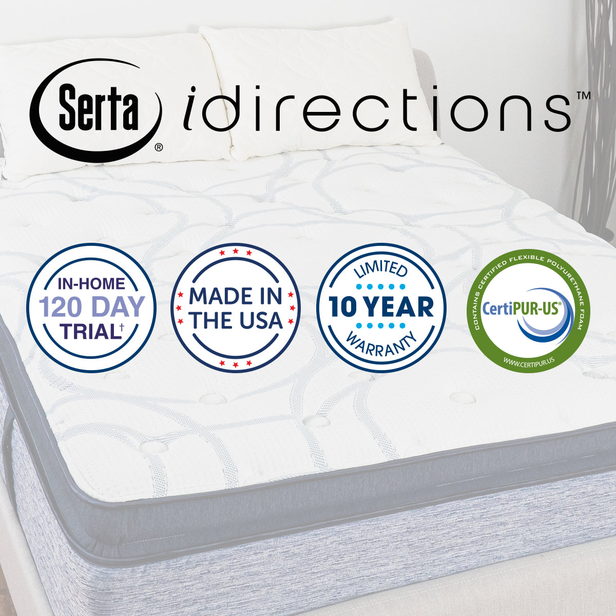Serta iDirections X5 Hybrid II Plush Pillow Top Mattress Product Features: In-Home 120 Day Trial, Made in the USA, Limited 10 Year Warranty, CertiPUR-US Certified