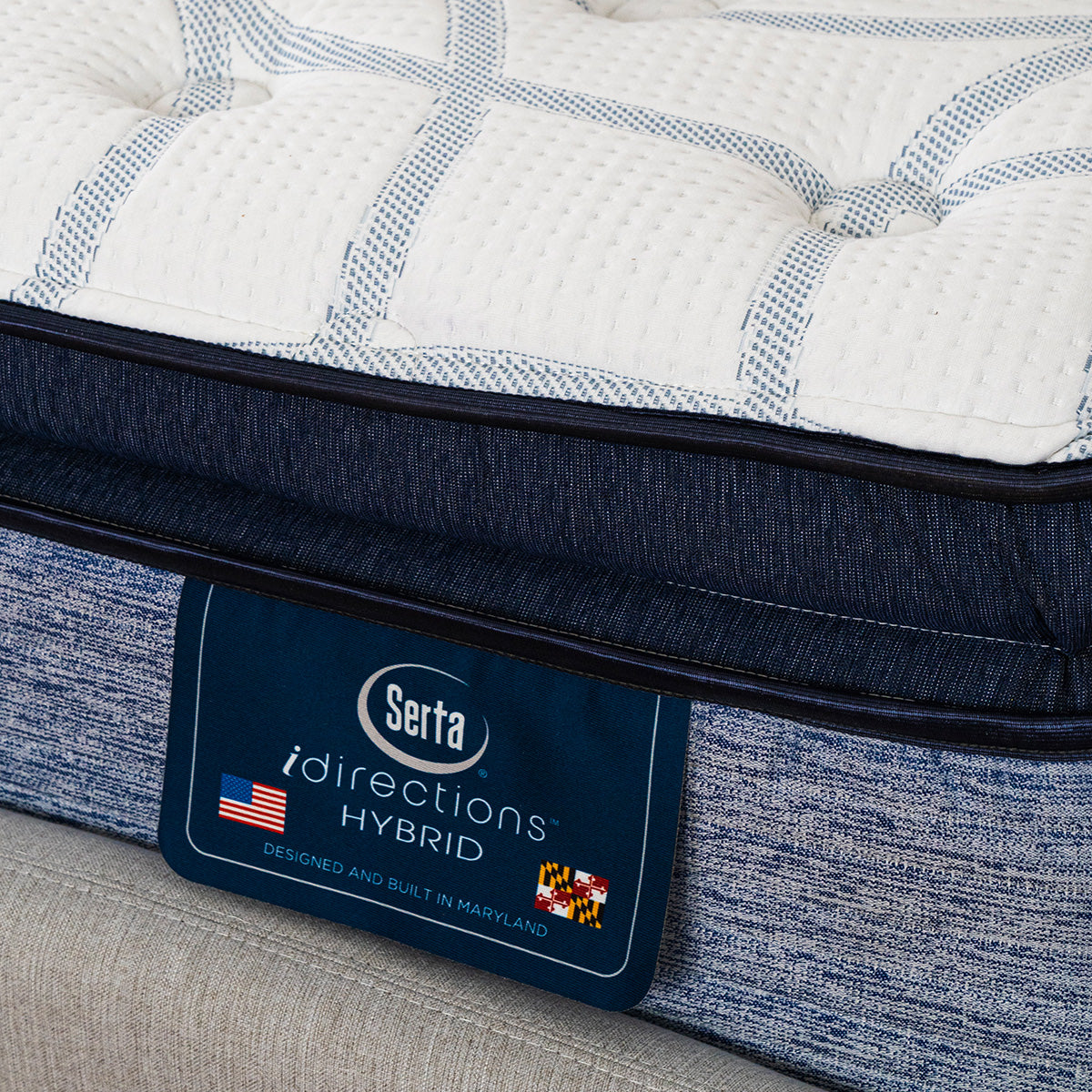 Serta iDirections X5 Hybrid II Plush Pillow Top Mattress Product Tag Detail Shot, Designed and built in Maryland