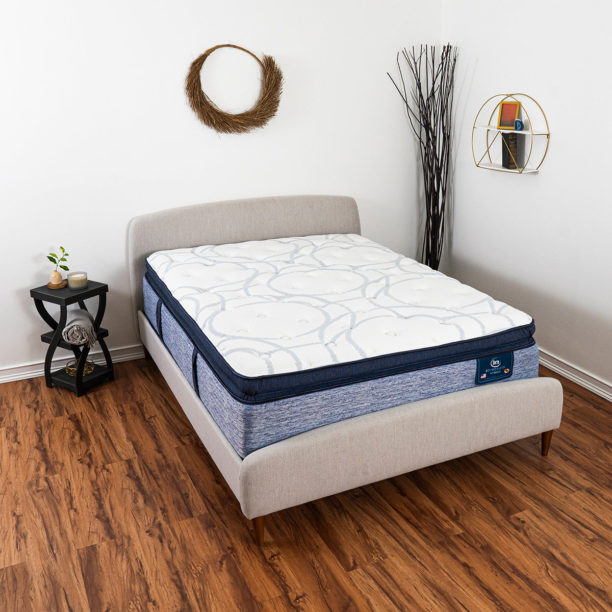 Serta iDirections X5 Hybrid II Plush Pillow Top Mattress On Bed Frame In Bedroom Overhead View