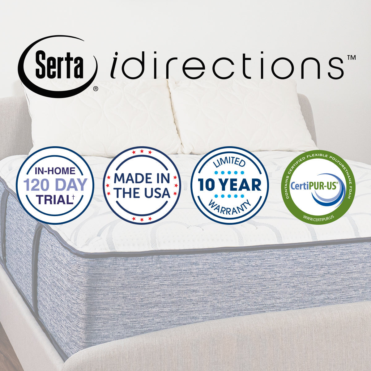 Serta iDirections X6 Hybrid II Firm Mattress Product Features; In-Home 120 Day Trial, Made in the USA, Limited 10 Year Warranty, CertiPUR-US Certified