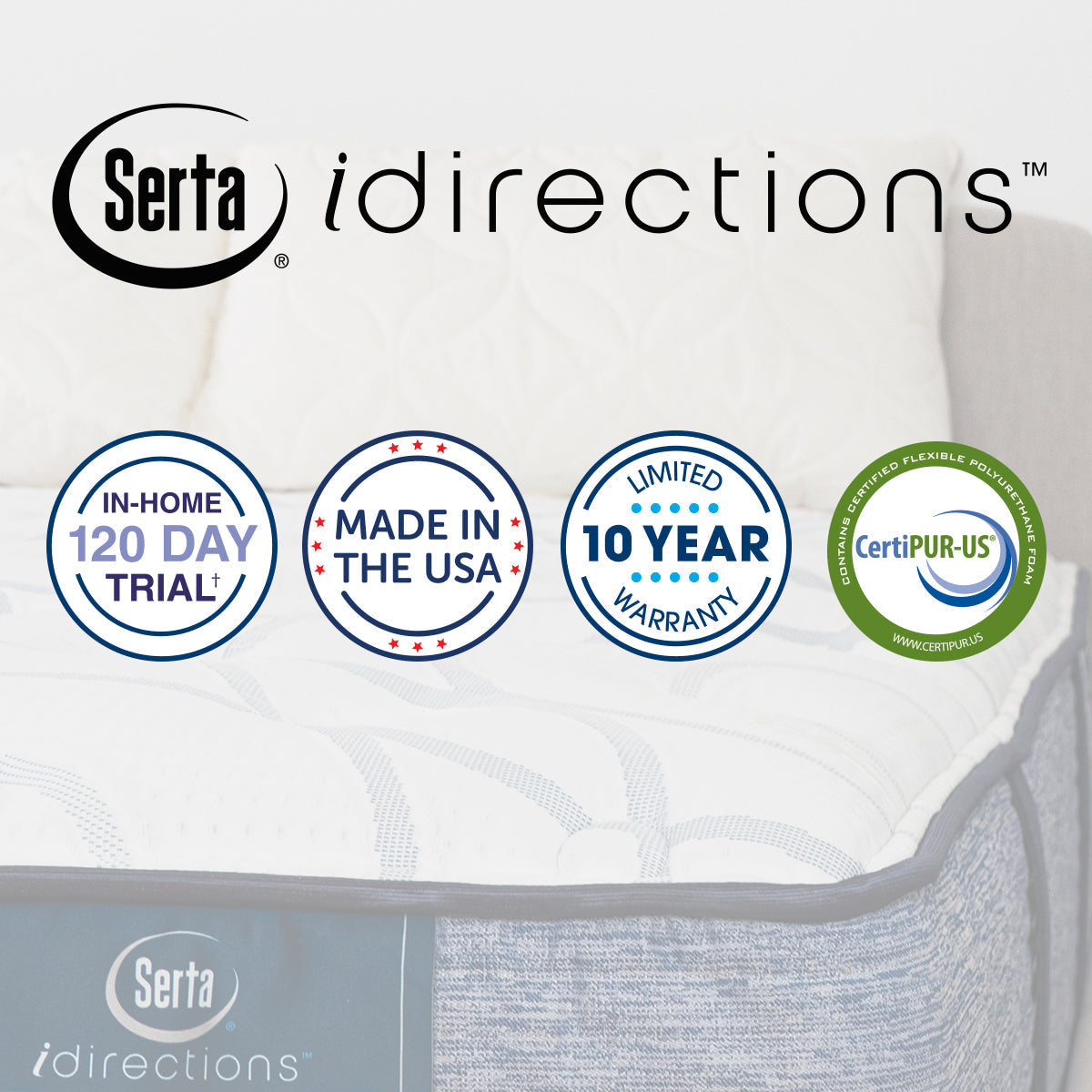 Serta iDirections X7 Hybrid II Plush Mattress Product Features; In-Home 120 Day Trial, Made in the USA, Limited 10 Year Warranty, CertiPUR-US Certified