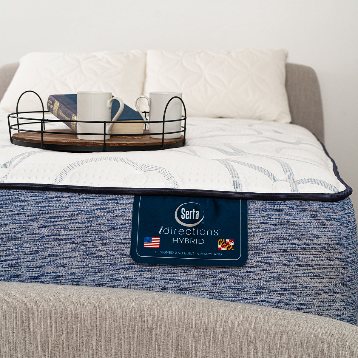 Serta iDirections X7 Hybrid II Plush Mattress Corner Detail With Product Tag; Designed and Built in Maryland