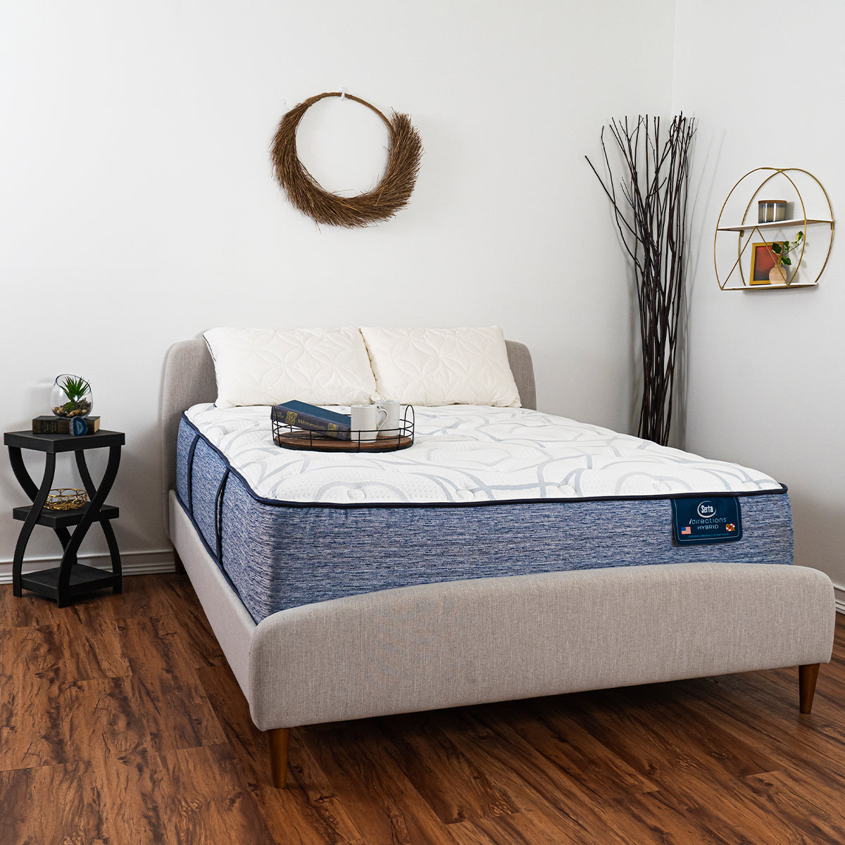 Serta iDirections X7 Hybrid II Plush Mattress On Bed Frame In Bedroom With Serving Tray Holding Coffee Mugs And Book