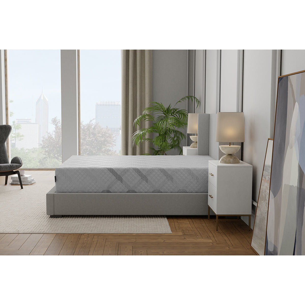SmartLife Calla Plush Mattress On Bed Frame In Bedroom Side View