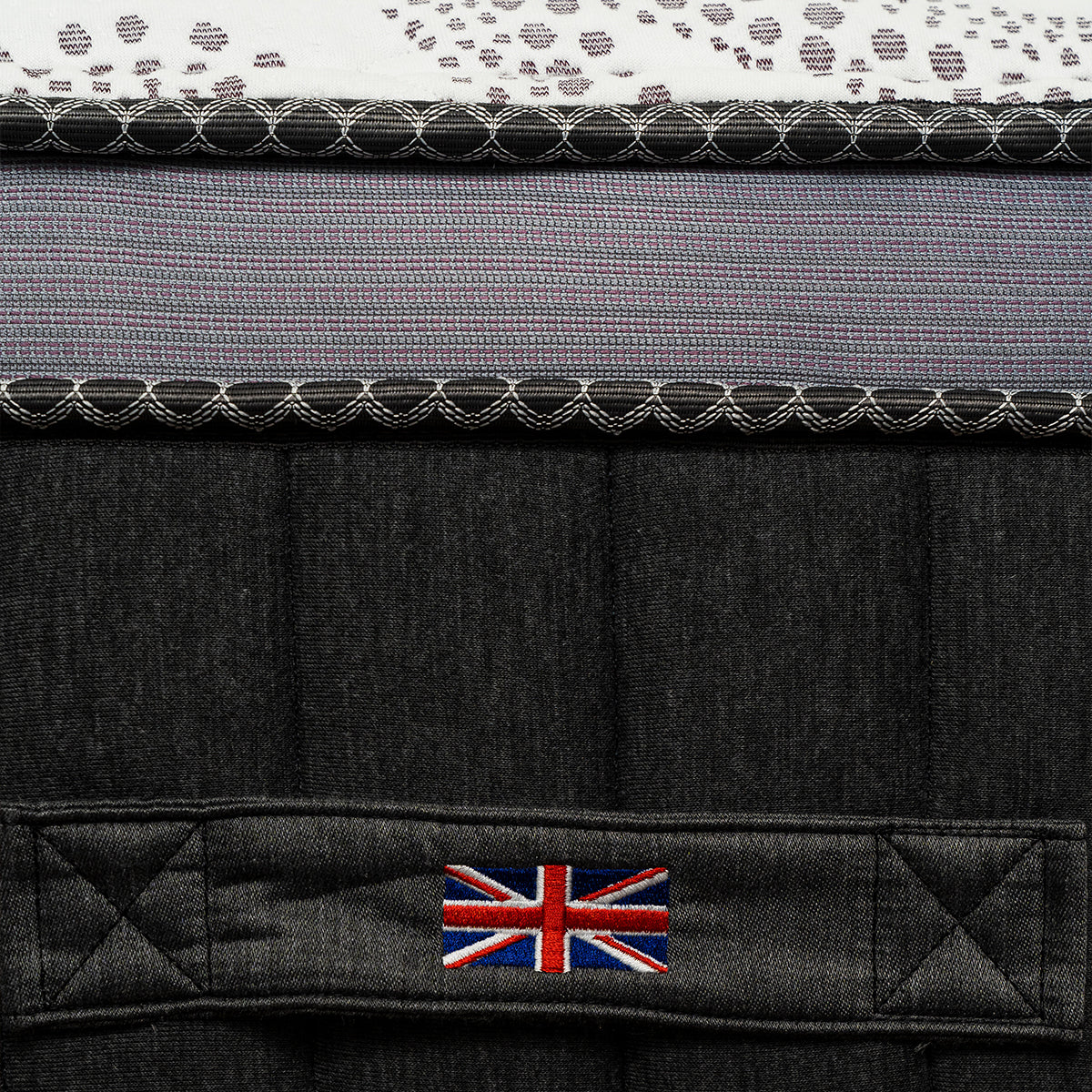 Spink & Co Leeds Luxury Firm mattress side view closeup of stitched carrying handles with Union Jack flag and cover fabric
