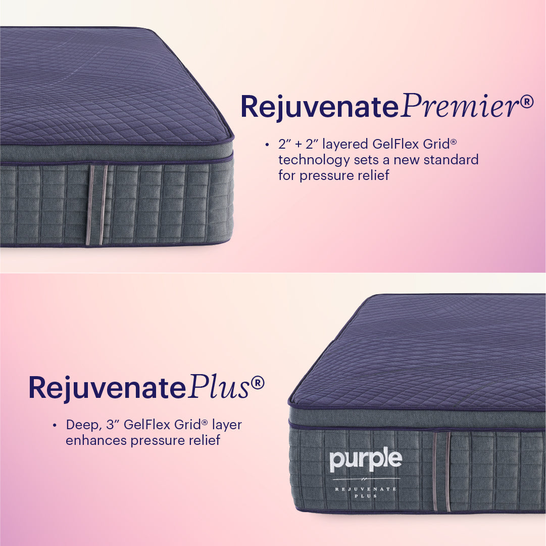 Image comparing Purple Rejuvenate Premier with 2 inch plus 2 inch GelFex Grid technology that sets a new standard for pressure relief with Purple Rejuvenate Plus with Deep, 3 inch GelFex Grid layer enhanced pressure relief.