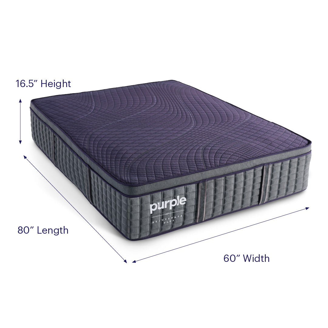 Purple Rejuvenate Plus mattress image highlighting the 16.5 inch height, 80 inch length and 60 inch width