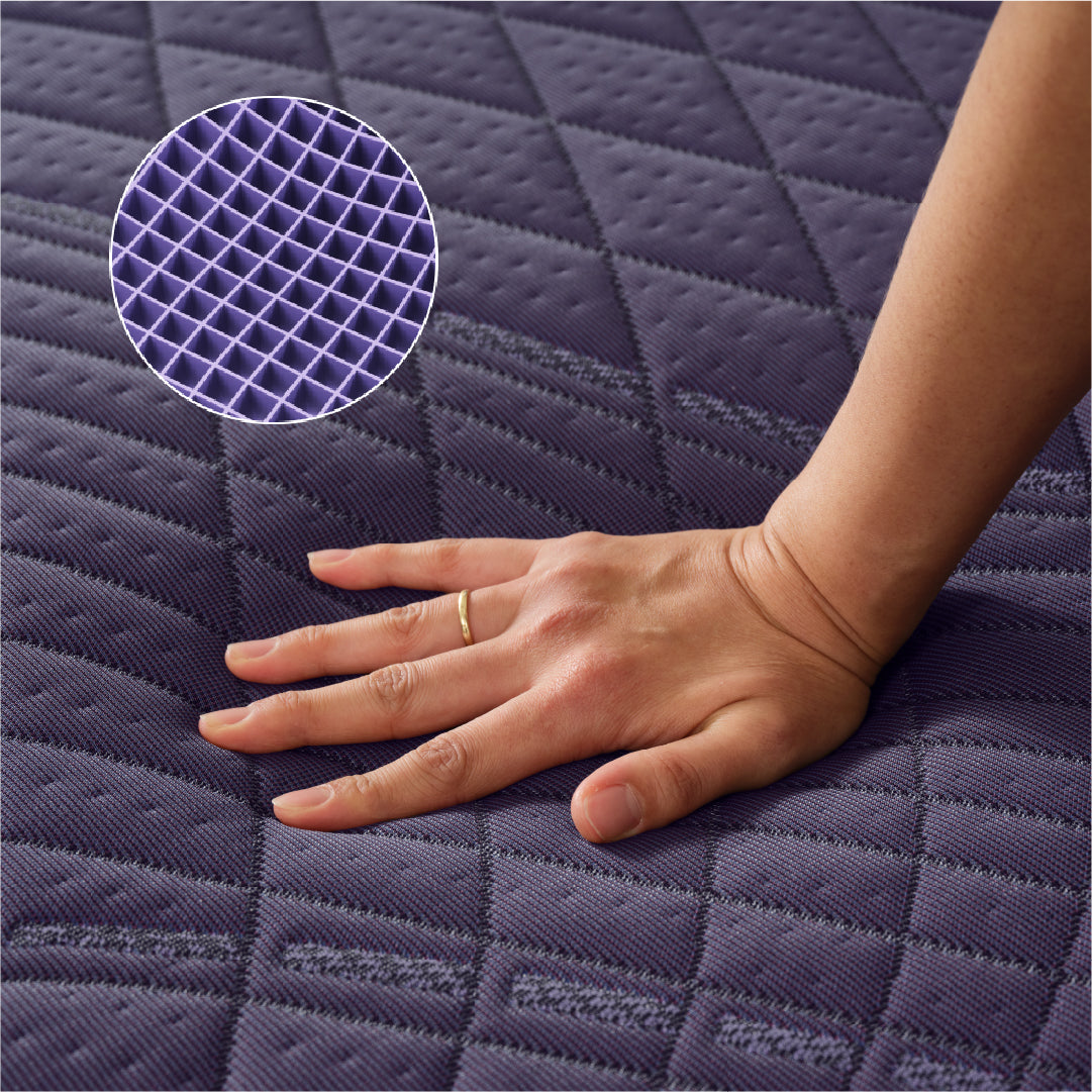 Purple Rejuvenate Plus mattress with model hand and image of purple mattress grid.
