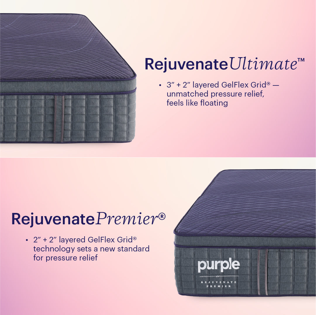 Image comparing Purple Rejuvenate Ultimate mattress with 3 inch plus 2 inch layered GelFex Grid unmatched pressure relief that feels like floating - with Purple Rejuvenate Premier with 2 inch plus 2 inch layered GelFex Grid technology that sets a new standard for pressure relief