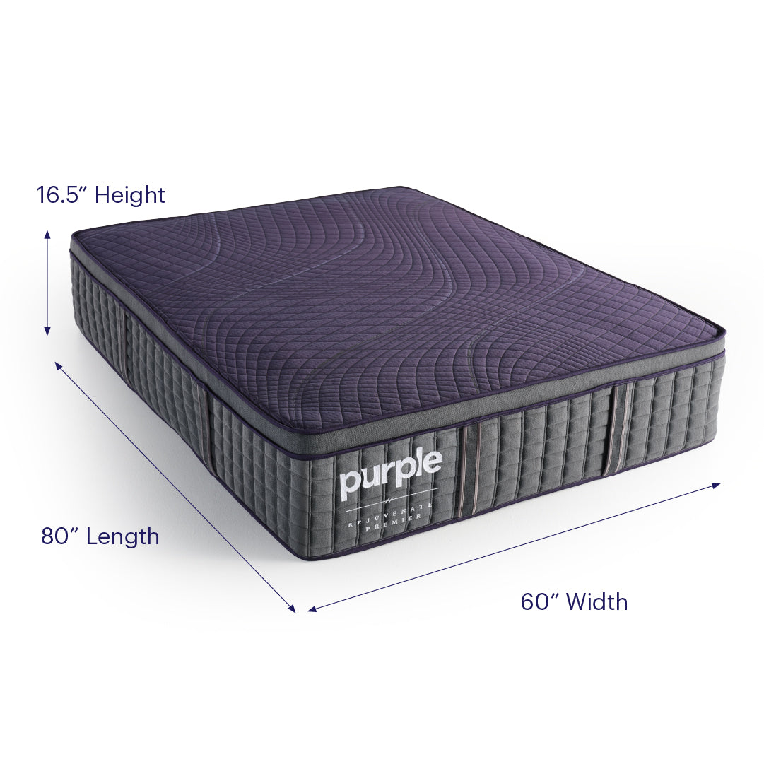 Purple Rejuvenate Premier mattress image highlighting the 16.5 inch height, 80 inch length and 60 inch width