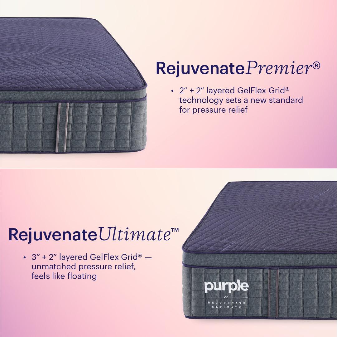 Image comparing Purple Rejuvenate Premier with 2 inch plus 2 inch layered GelFex Grid technology that sets a new standard for pressure relief  - with Purple Rejuvenate Ultimate mattress with 3 inch plus 2 inch layered GelFex Grid unmatched pressure relief that feels like floating