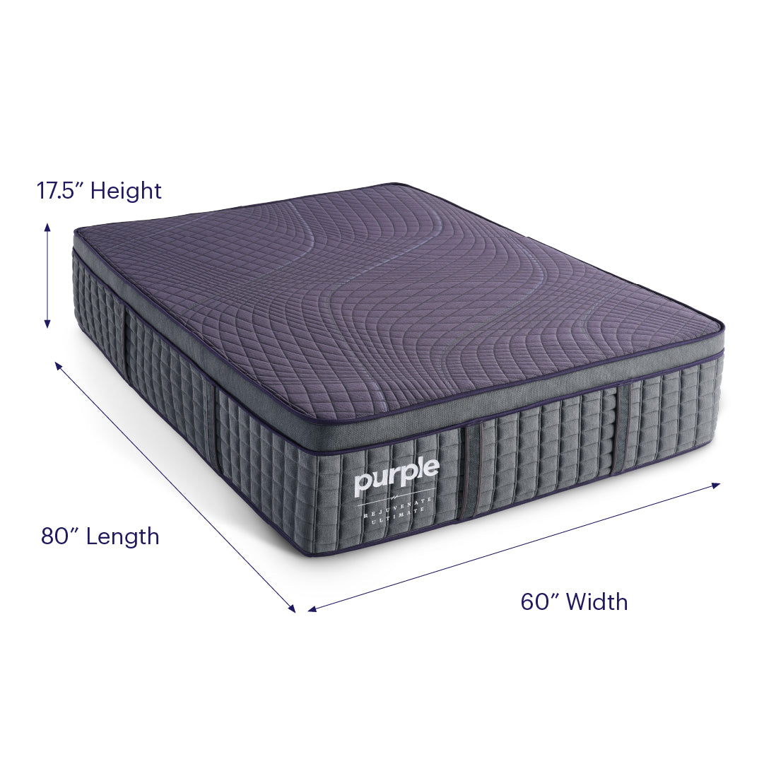 Purple Rejuvenate Ultimate mattress image highlighting the 17.5 inch height, 80 inch length and 60 inch width