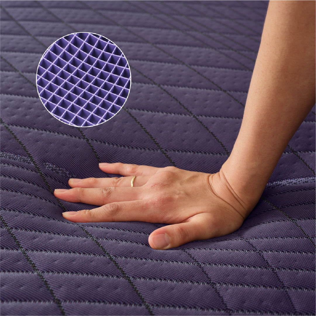 Purple Rejuvenate Ultimate mattress with model hand and image of purple mattress grid.