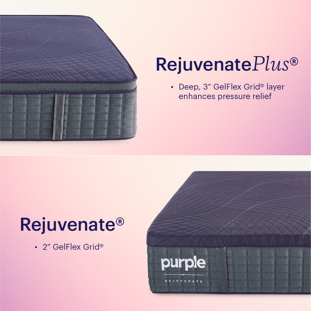 Image Comparing Purple Rejuvenate Plus with deep, 3 inch GelFex Grid layer enhanced pressure relief - with the Rejuvenate mattress with 2 inch GelFlex Grid.