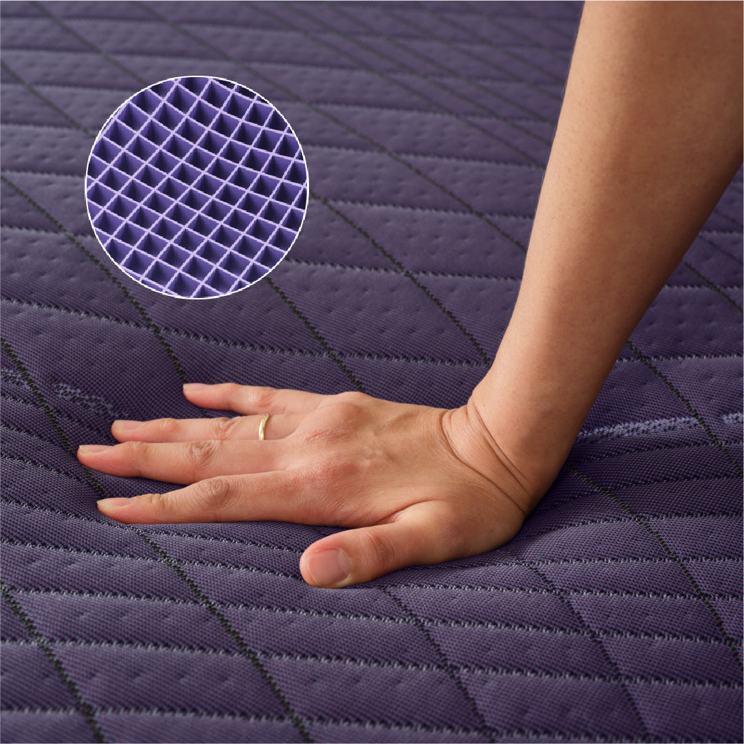 Purple Rejuvenate mattress with model hand and image of purple mattress grid.
