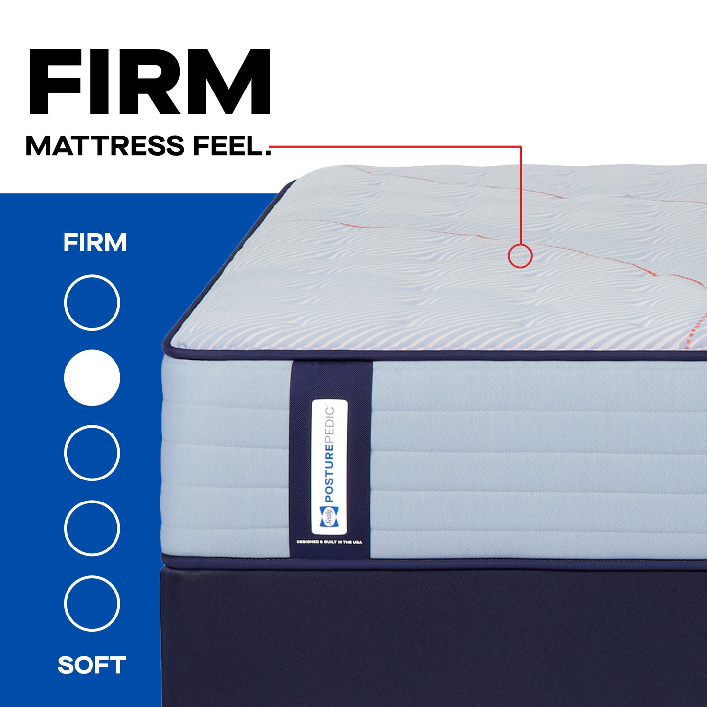 Sealy A+ Content Firmness Scale (1-5, 1 being soft, 5 being firm) Dot filled in at 4. Firm mattress feel