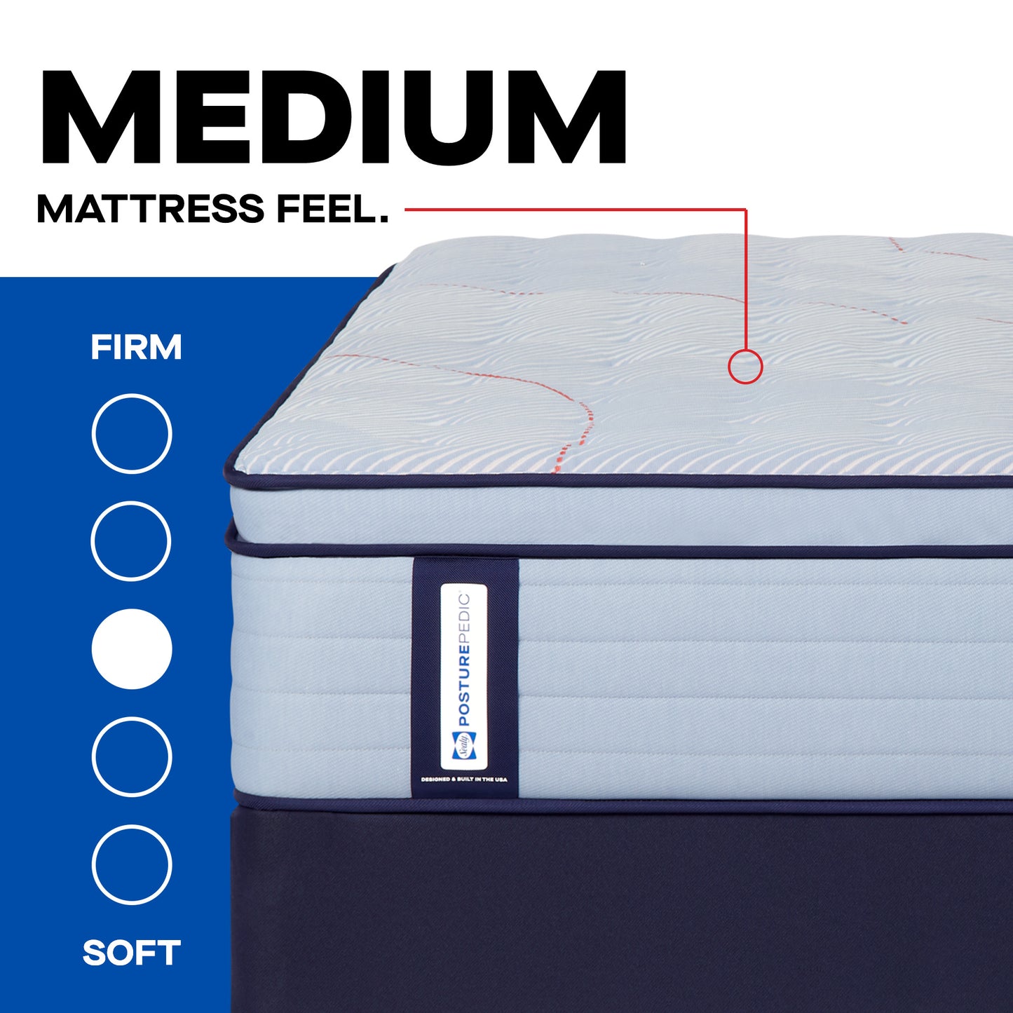 Sealy A+ Content Firmness Scale 1-5 (1 soft, 5 firm) Dot filled in at 3. Medium mattress feel.